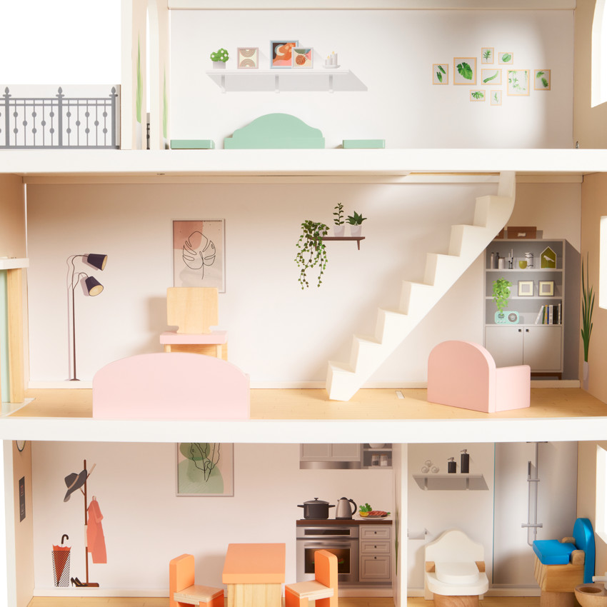 Casa de muñecas amueblada de madera 