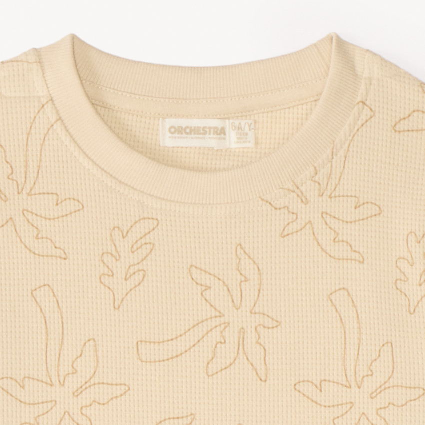 Conjunto de 2 piezas: camiseta + pantalón corto de tejido de panal con estampado de palmeras para niño. 