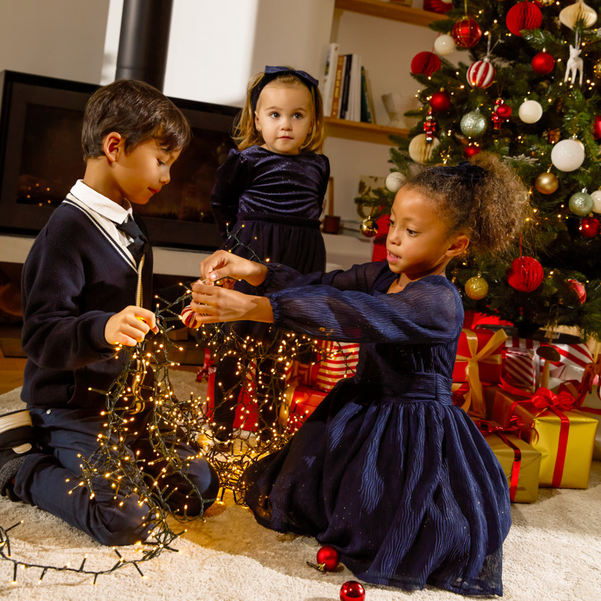 Vestido de fiesta de manga larga efecto 2 en 1 + diadema para niña. 