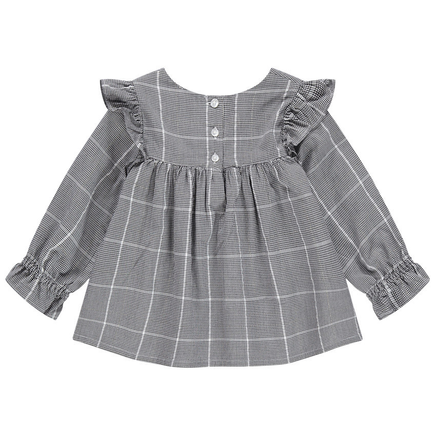 Tunique manches longues à carreaux et fleur brodée 