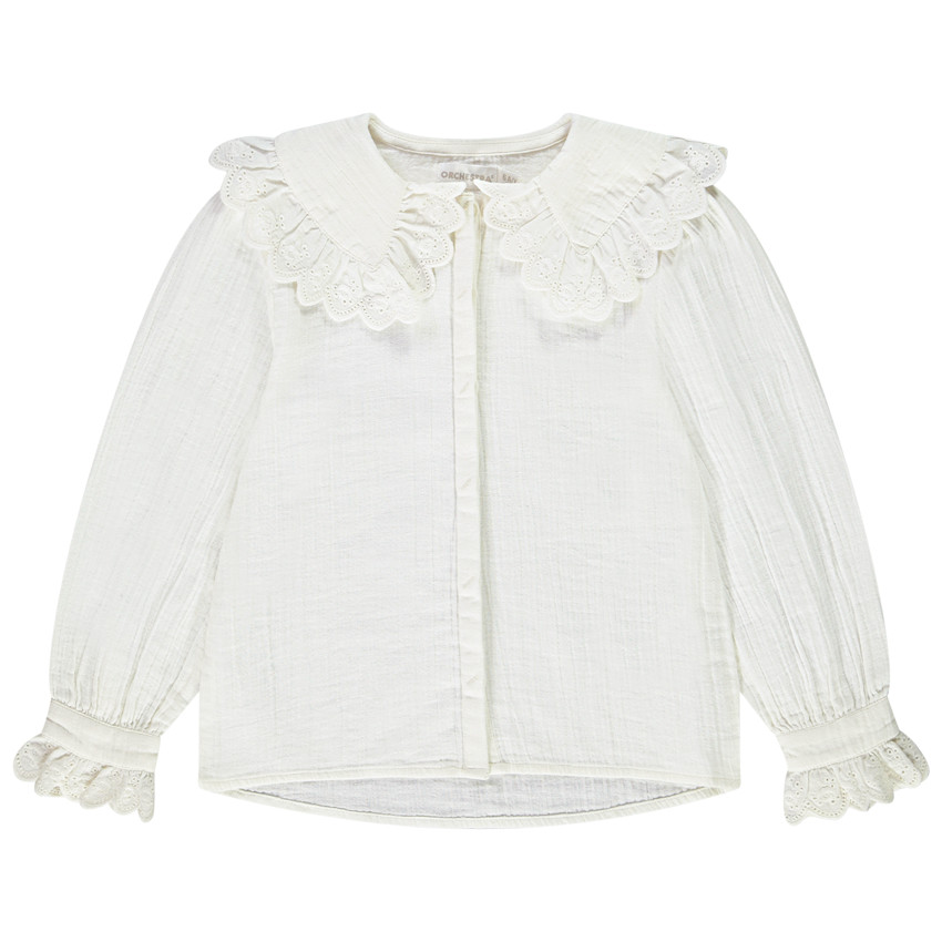 Camiseta de manga larga en doble gasa de algodón con cuello claudine y bordado inglés para niña 