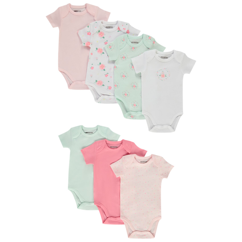 Pack de 7 bodies de manga corta unis y con estampado floral para bebé niña 
