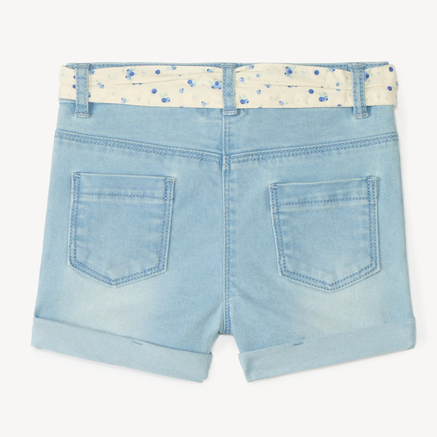 Pantalones cortos de denim con bordado de frutas + cinturón para atar para niña. 