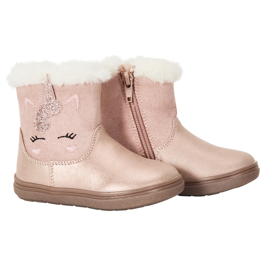 Botines con cuello de piel sintética y diseño de unicornio para bebé niña 
