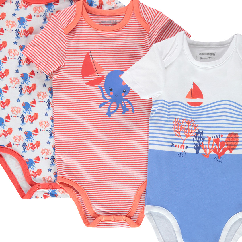 Pack de 3 bodys de estilo marinero con abertura adaptada según la edad. 