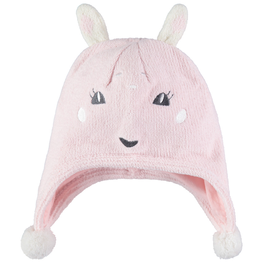 Gorro con orejas de conejo y pompones forrado de jersey 
