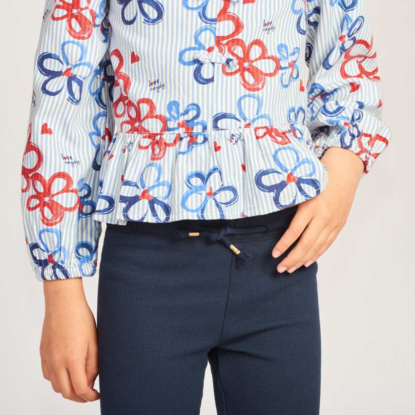 Leggings de punto acanalado liso con cordón y pompones para niña 