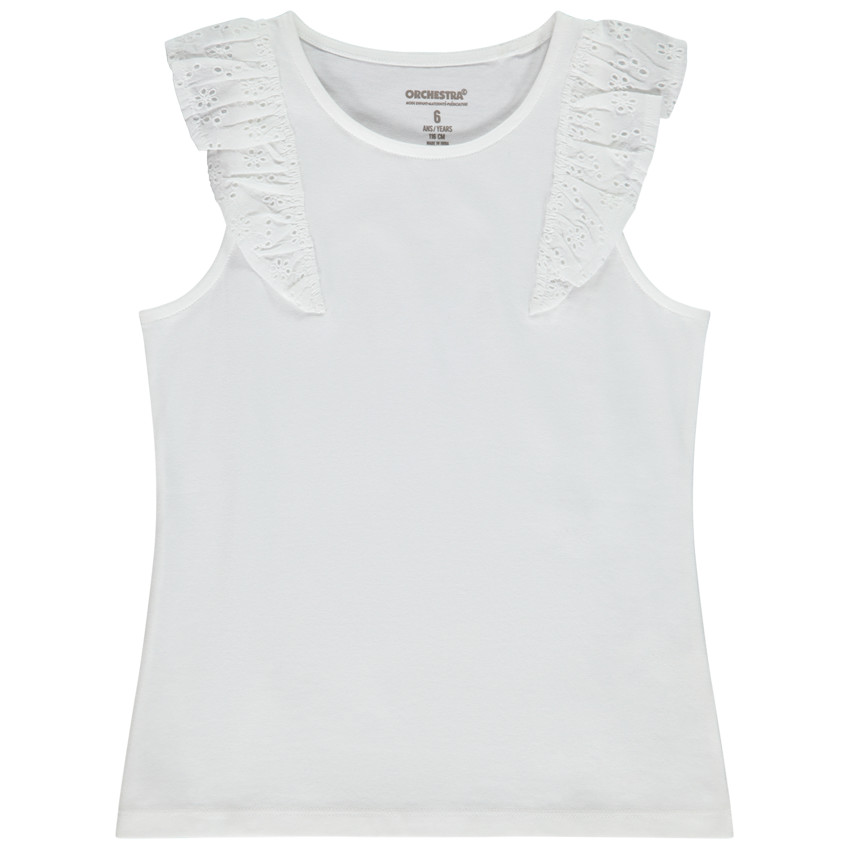 Camiseta sin mangas con volantes en bordado inglés para niña 