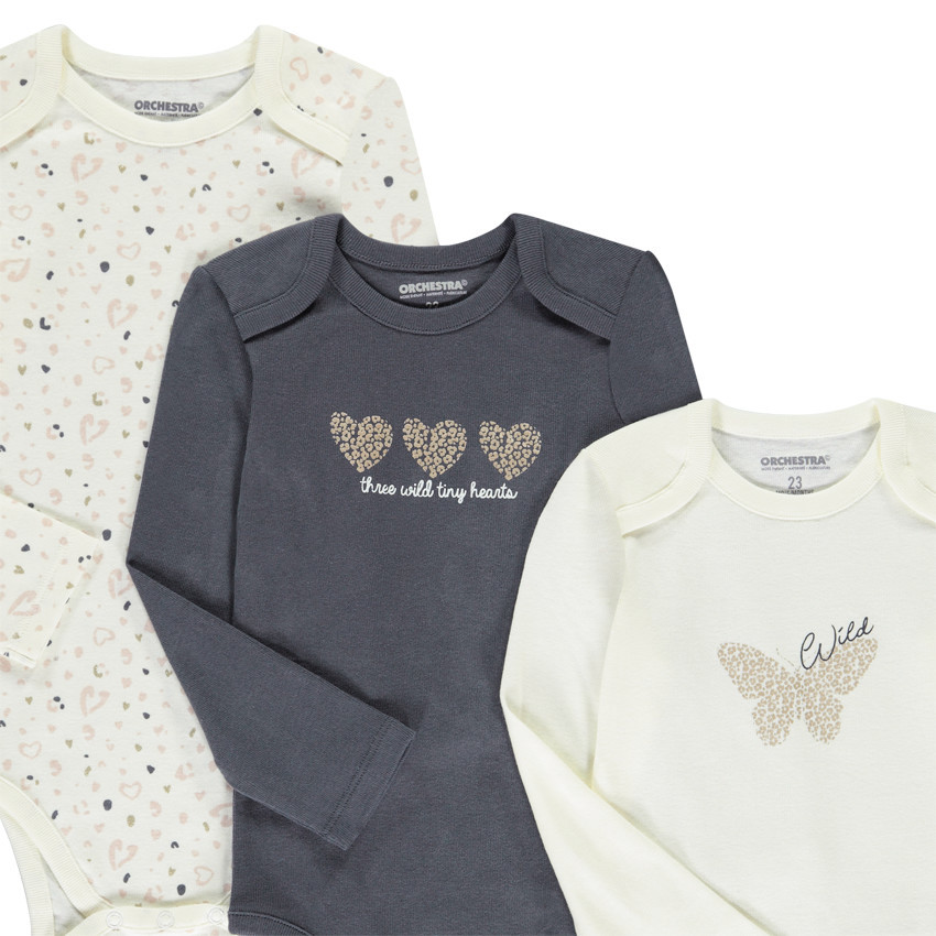 Pack de 7 bodies de manga larga con diseños variados para bebé niña, con diferentes aberturas según la edad. 