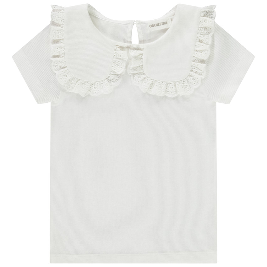 Camiseta de manga corta de punto de canalé con cuello babero bordado para niña 