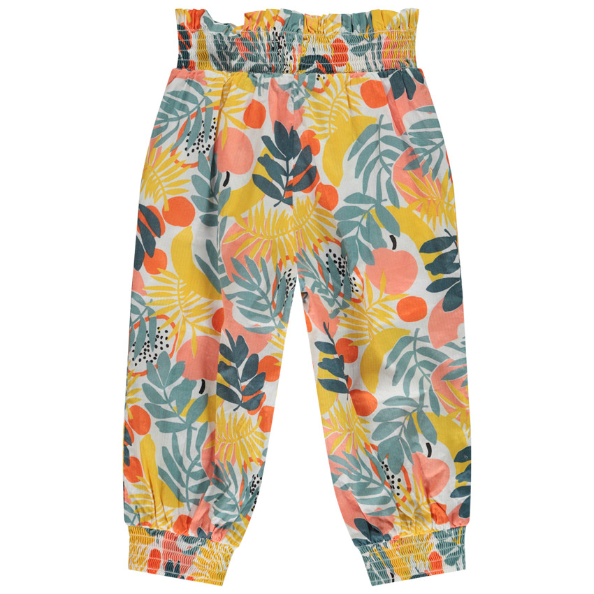 Pantalón fluido smocké y estampado vegetal para niña 
