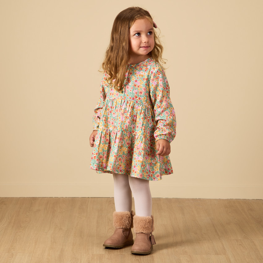 Vestido de manga larga en gasa de algodón estampada con flores para bebé niña 