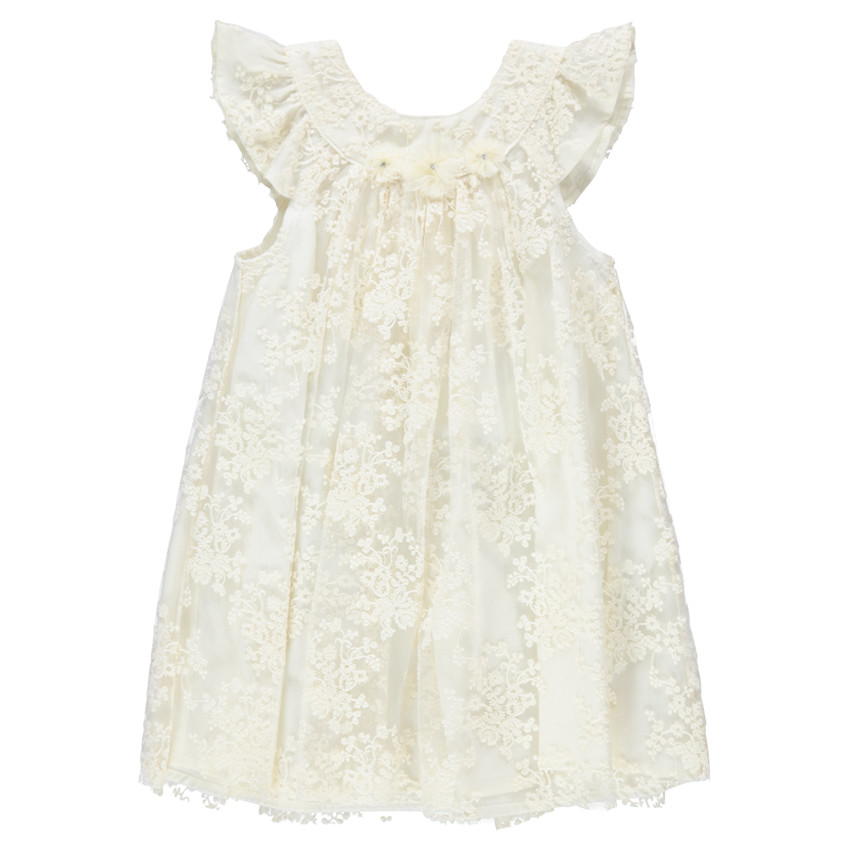 Vestido de fiesta de manga corta con encaje y flores bordadas 