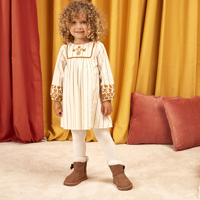 Vestido de manga larga con rayas bordadas para bebé niña 