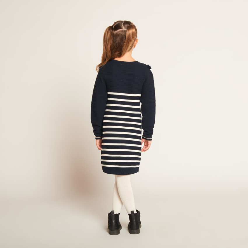 Vestido de punto efecto marinière con lazos en los hombros para niña 
