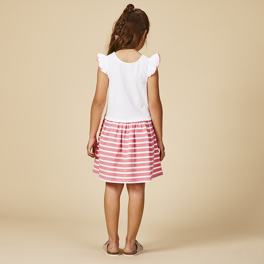Vestido efecto 2 en 1 con estampado fantasía y rayas para niña 