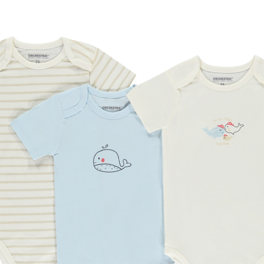 Lote de 7 Bodies de manga corta con motivos de ballenas para bebé niño con aperturas diferentes según la edad.  Additional Lote de 7 Bodies de manga corta con motivos de ballenas para bebé niño con aperturas diferentes según la edad.
