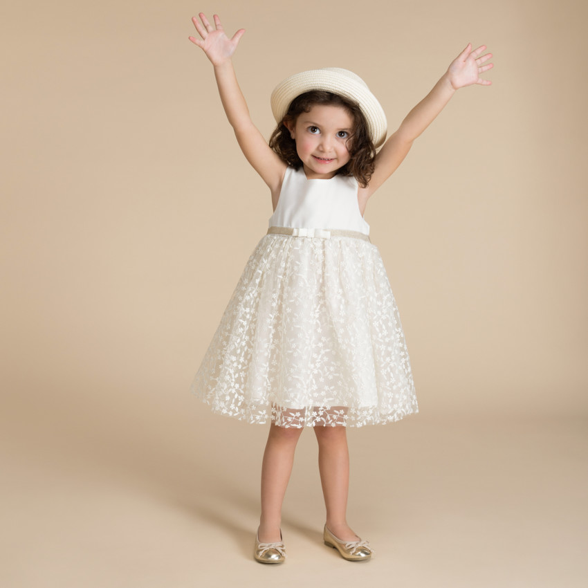 Vestido de ceremonia bimaterial con espalda calada en forma de corazón para niña bebé 