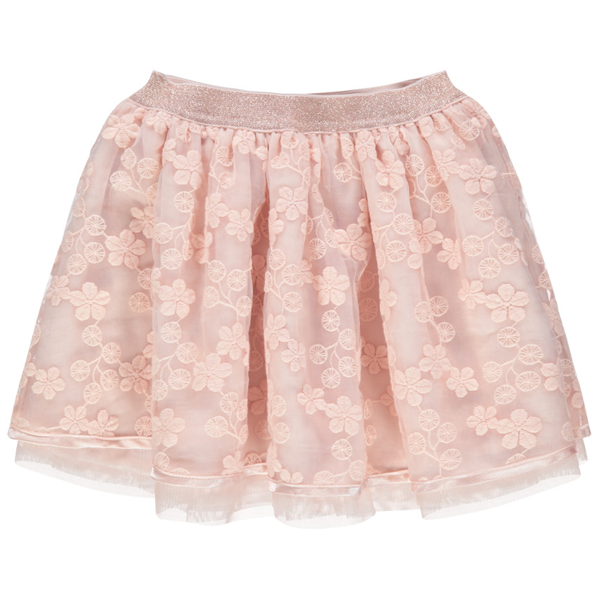 Falda corta de tul con flores bordadas y cintura brillante 