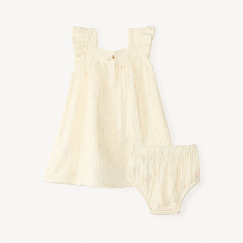 Conjunto de 3 piezas: vestido + bombachos + diadema de gasa de algodón para niña. 