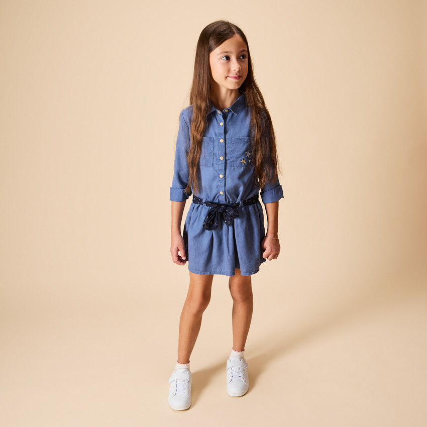 Vestido camisa de manga larga con cinturón para niña 