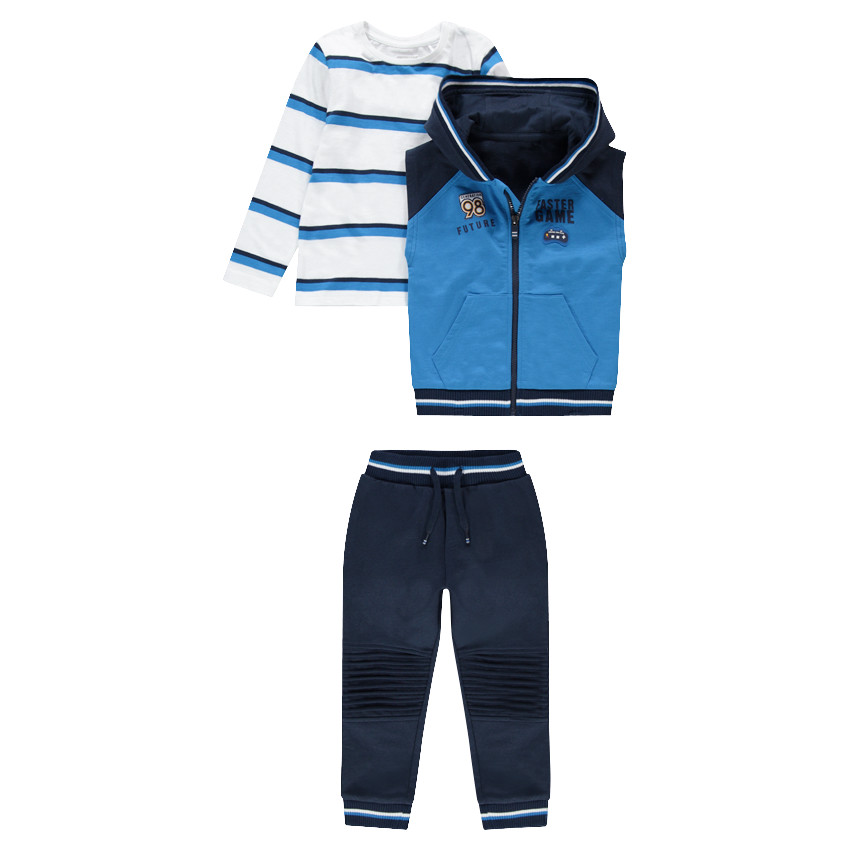 Chándal de 3 piezas con camiseta de rayas, chaleco y pantalón liso 