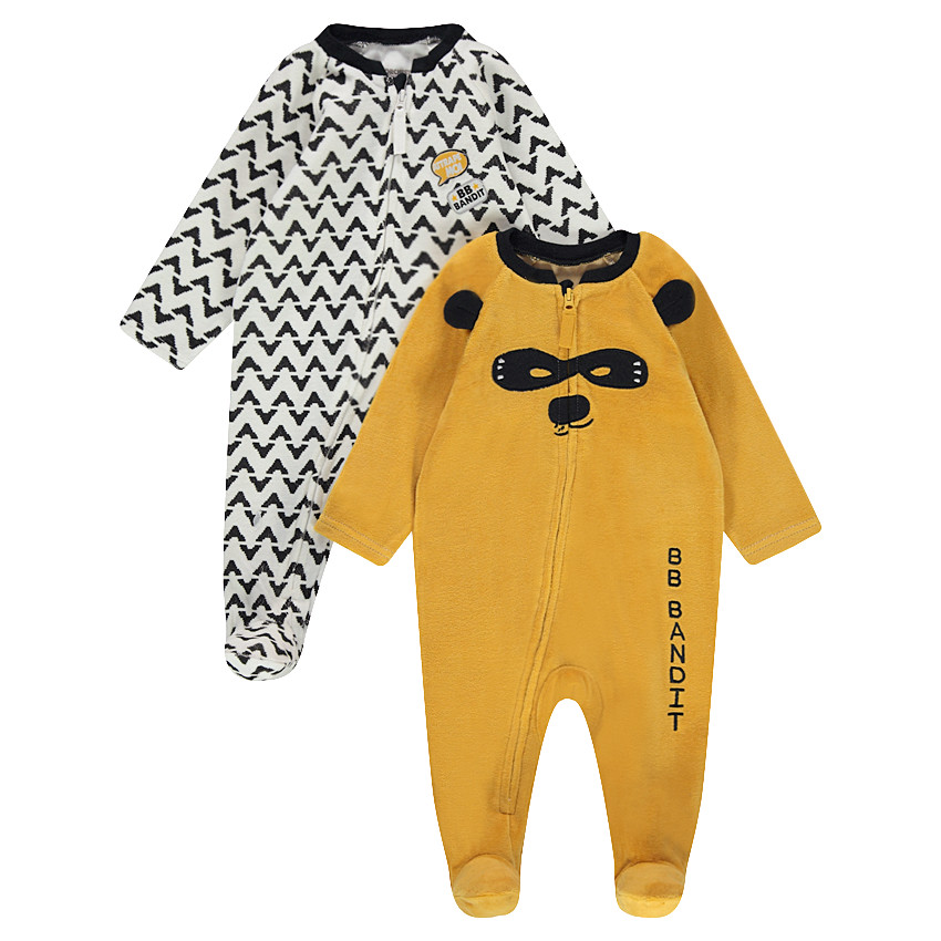 Juego de 2 pijamas con cremallera de terciopelo liso, con dibujo de máscara y estampado all-over 