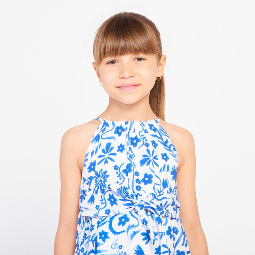 Vestido sin mangas estampado de flores con cintura anudada para niña 