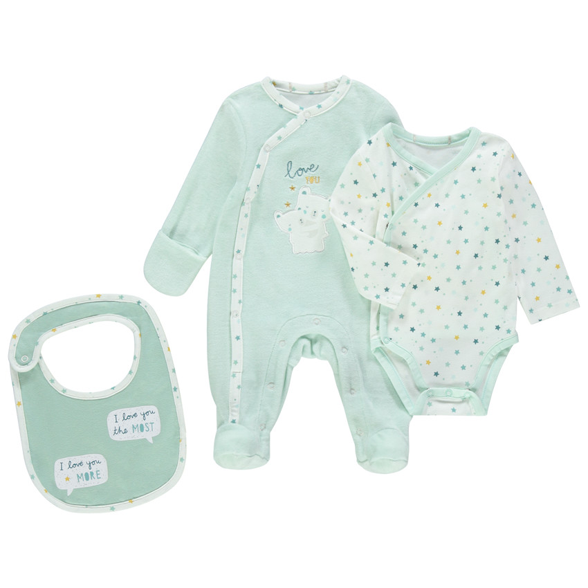 Set de naissance avec dors-bien bleu, body imprimé et bavoir 