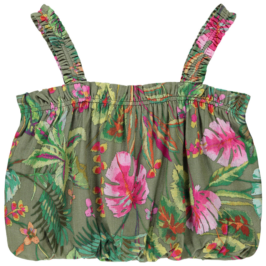 Top corto efecto bola estampado tropical para niña 