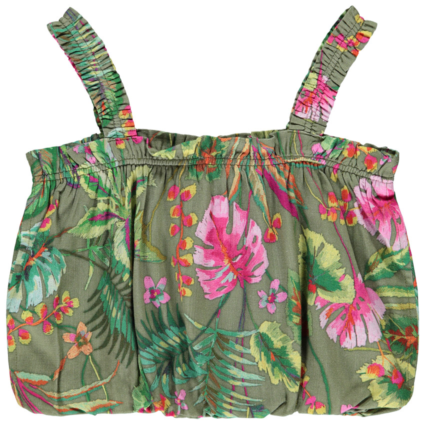 Top corto efecto bola estampado tropical para niña 