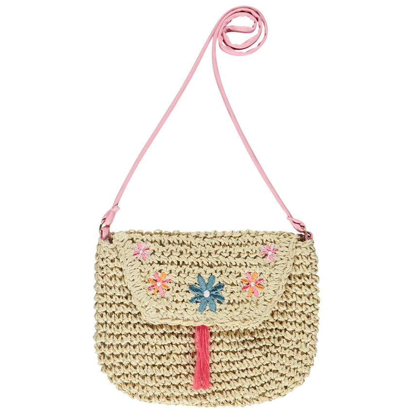 Bolso bandolera de paja trenzada con flores para niña 