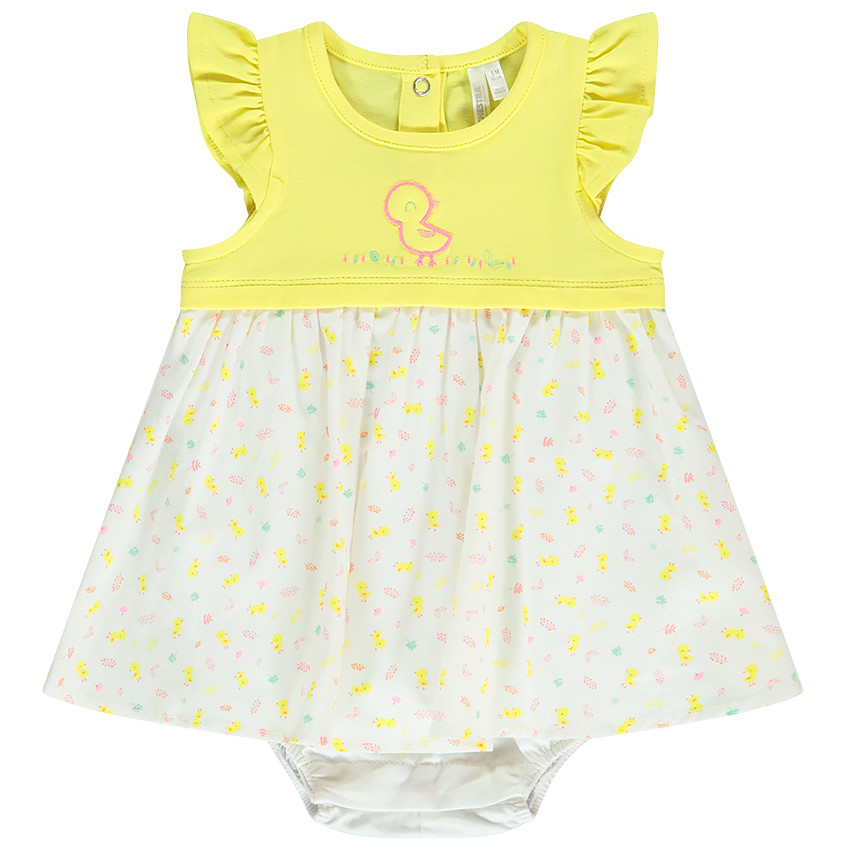 Robe 2 en 1 en jersey et voile de coton imprimé poussin pour bébé fille 