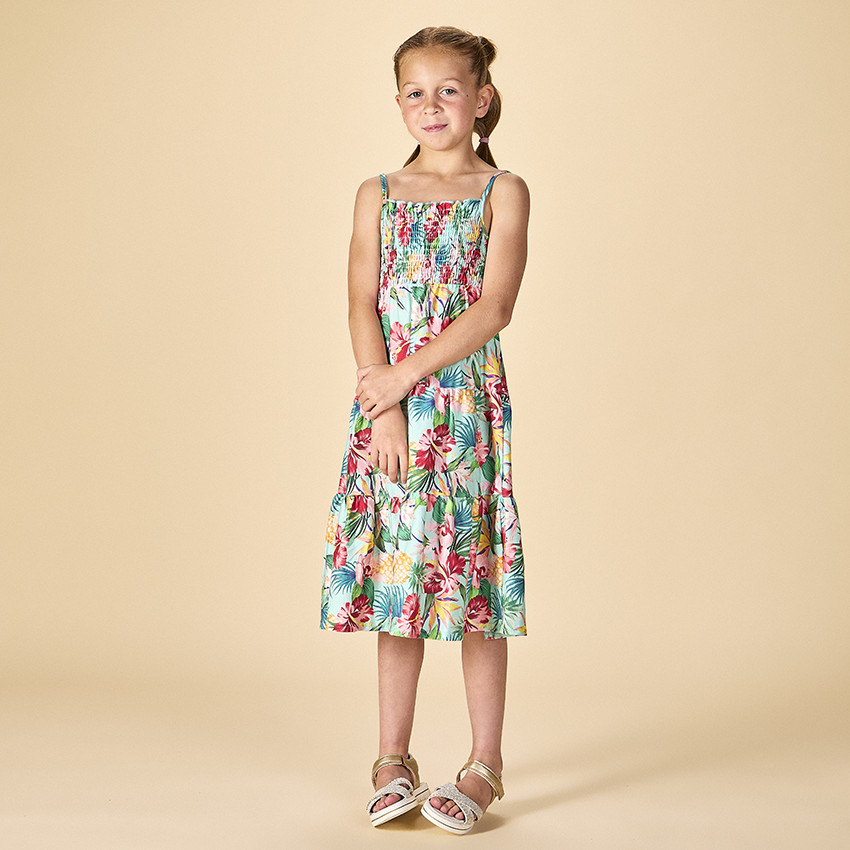 Vestido largo con volantes estampado tropical para niña 