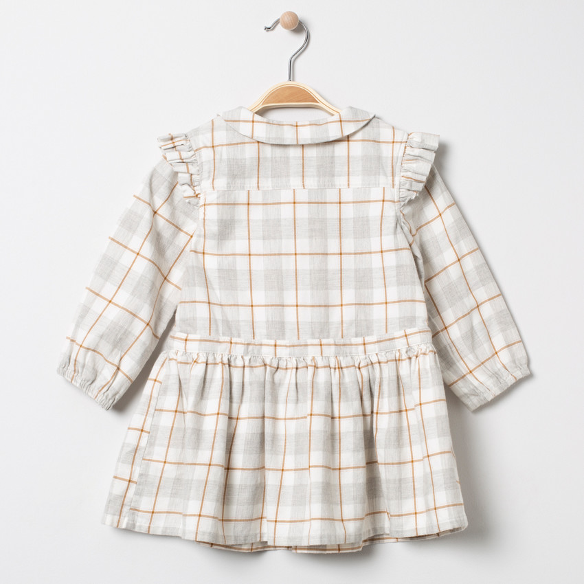 Vestido de cuadro cuello  Claudine y volante 