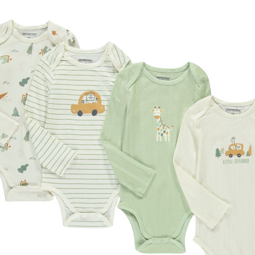Pack de 7 bodies de manga larga para bebé niño con diferentes aperturas según la edad. 