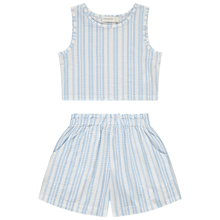 Conjunto corto de 2 piezas a rayas con volantes para niña 