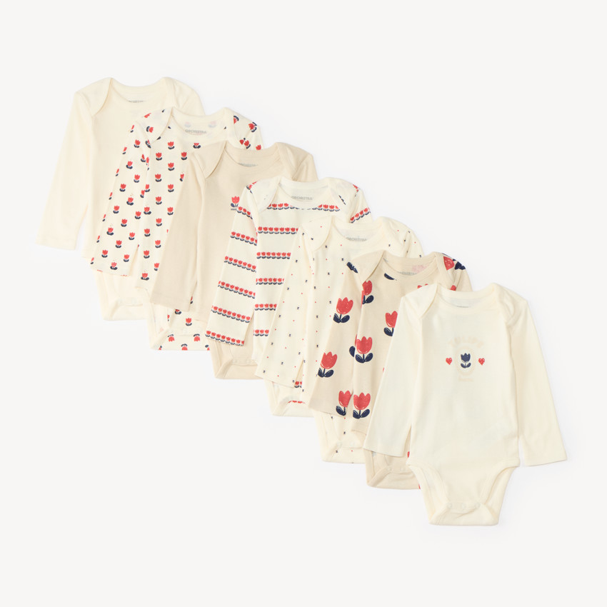Conjunto de 7 bodies de manga larga para niña con diseño de tulipanes. 