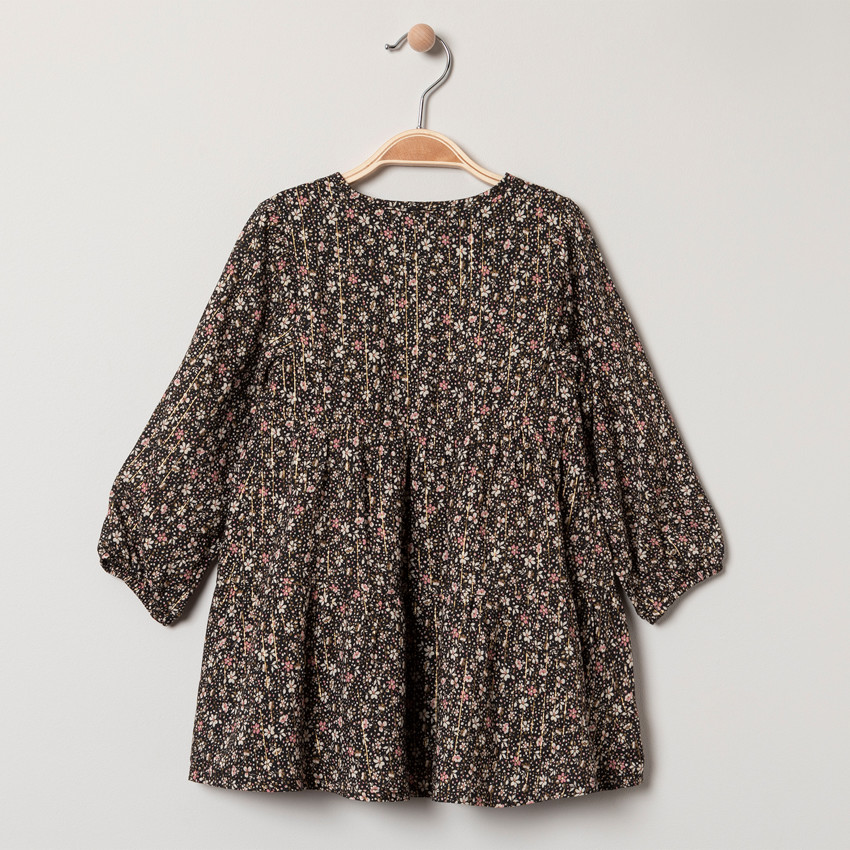 Robe manches longues à fleurs et fines rayures dorées 