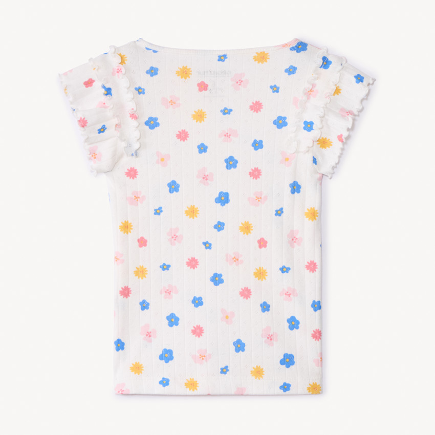 Camiseta de manga corta de punto de canalé con estampado de flores para niña 