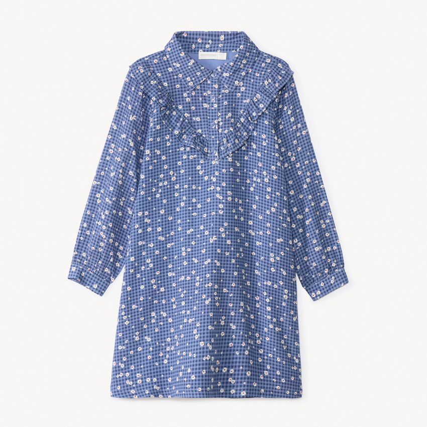 Robe manches longues à carreaux imprimé fleurs pour fille 