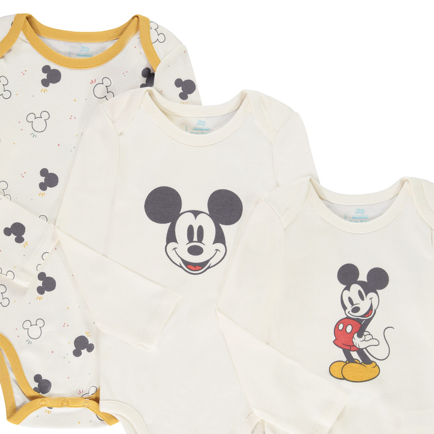 Pack de 3 bodies de manga larga estampados Mickey Disney para bebé niño 