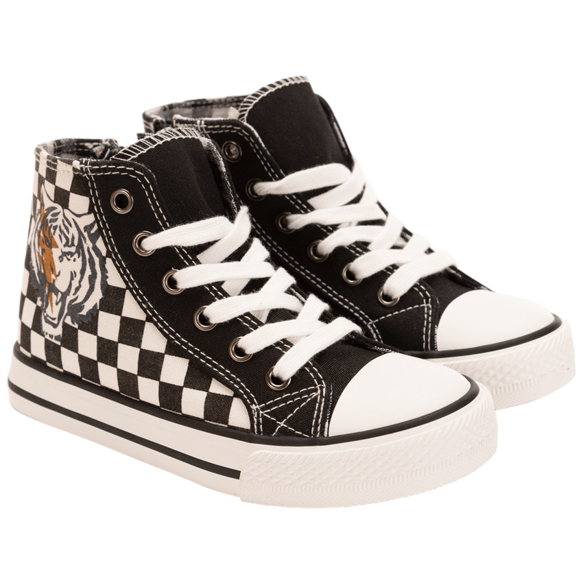 Zapatillas altas de lona damero con cremallera para bebé niño 