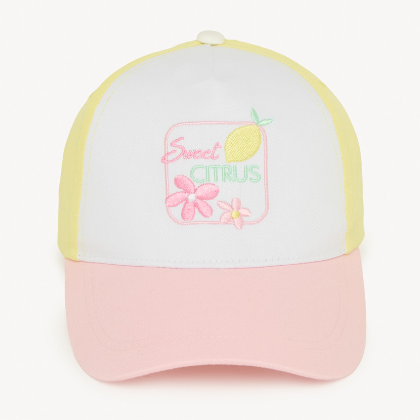 Gorra de sarga con efecto color block y bordado de limón para niña. 