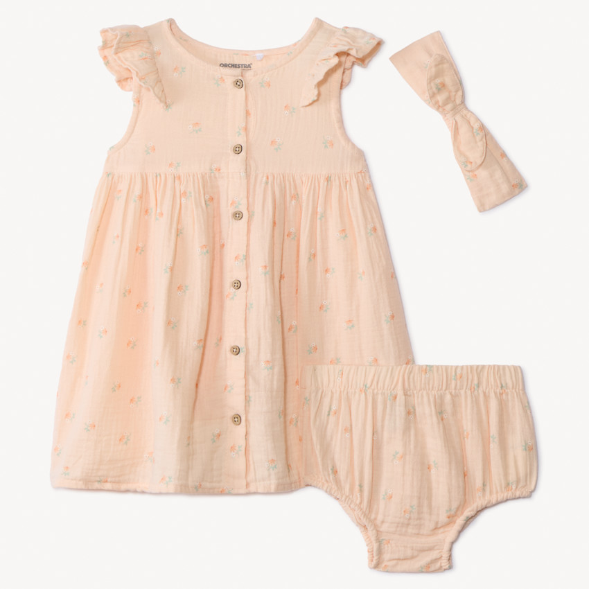 Conjunto vestido + bloomer + diadema estampados para bebé niña 