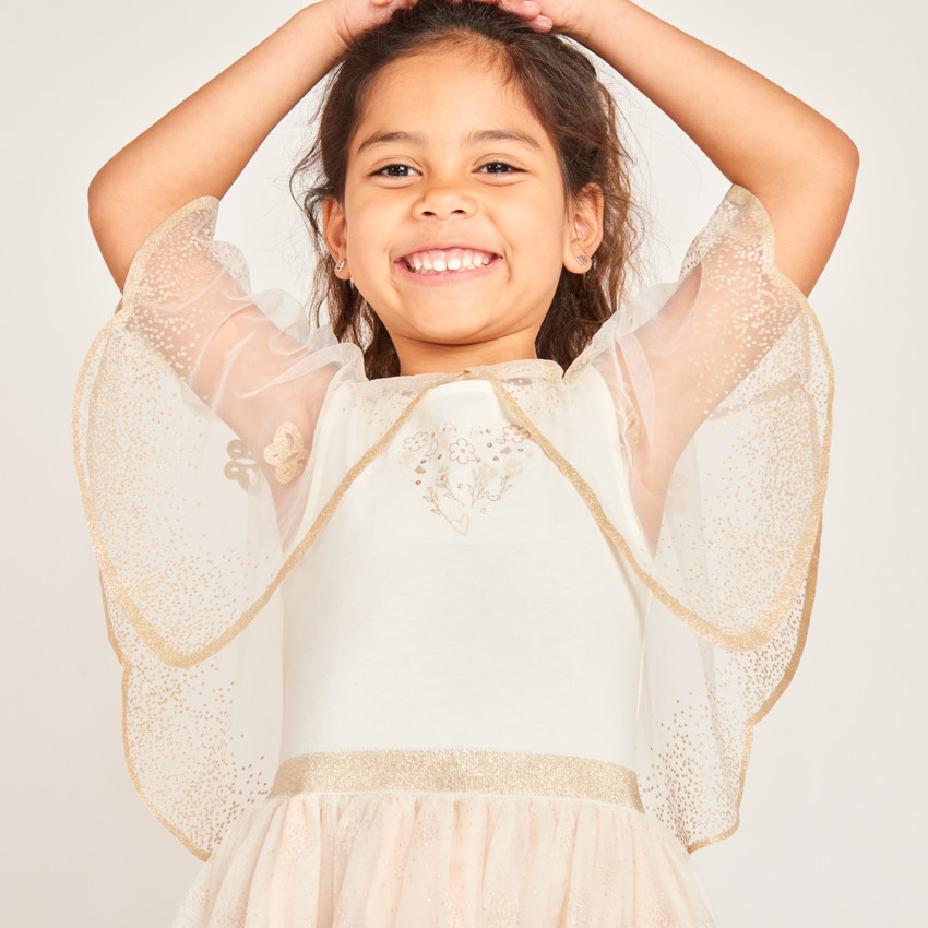 Vestido sin mangas de dos materiales con capa de mariposa para niña 