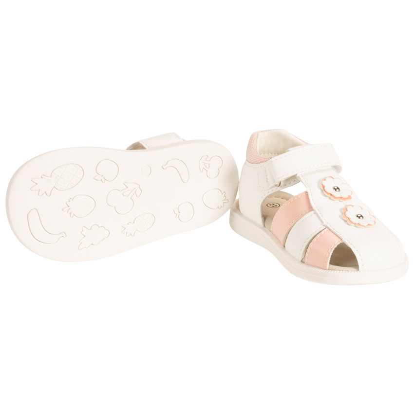Sandalias bicolores con velcro y flores para bebé niña 