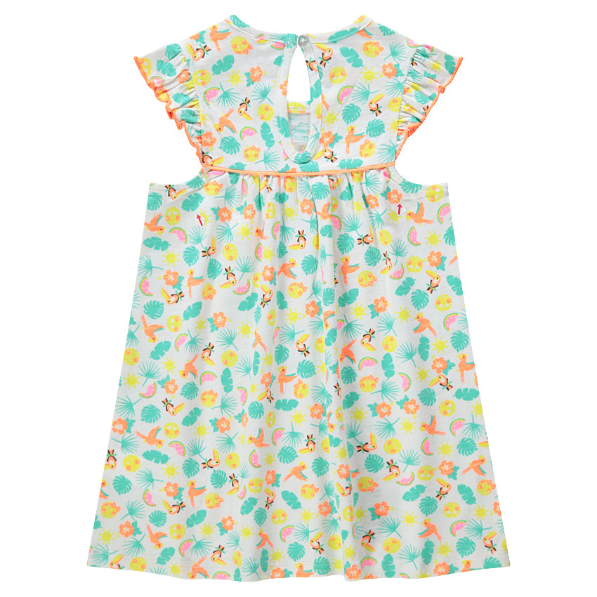 Vestido de manga corta de con volantes y estampado tropical all over 