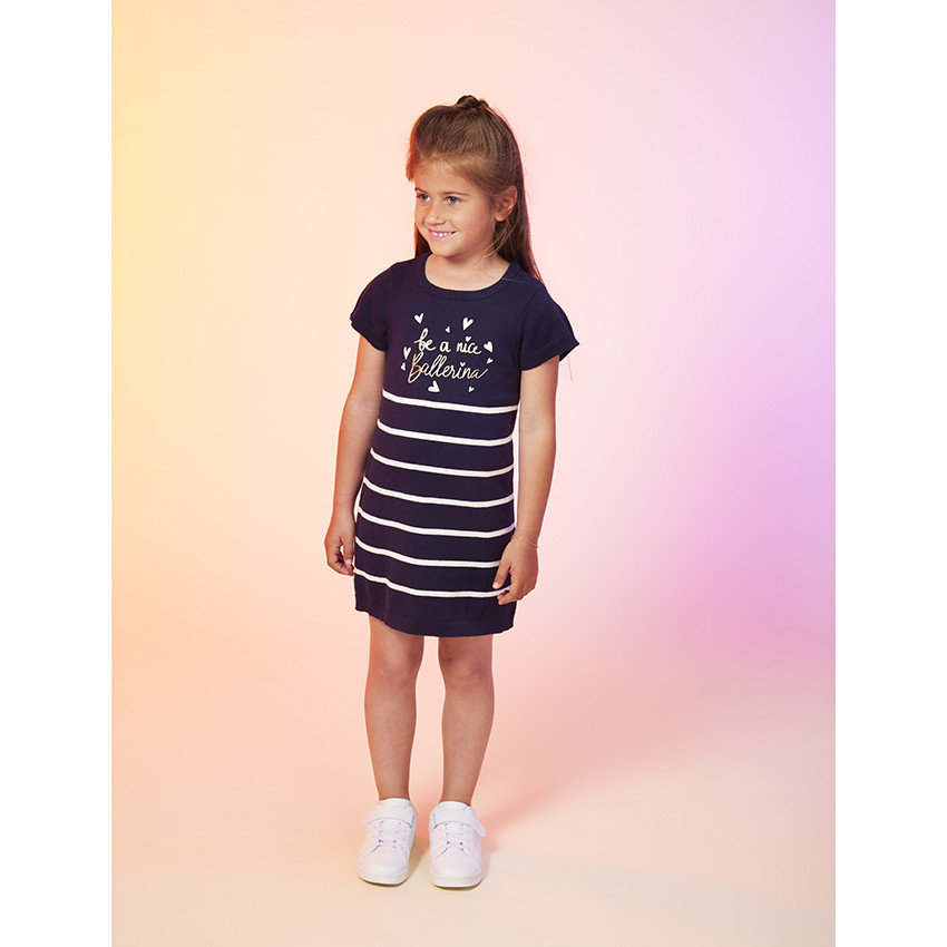 Vestido de punto rayado de manga corta para niña 