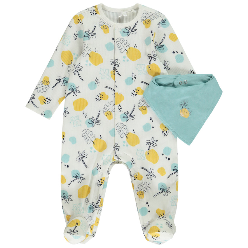Pelele efecto acanalado con estampado fantasía + babero para bebé niño con diferentes aperturas según la edad 